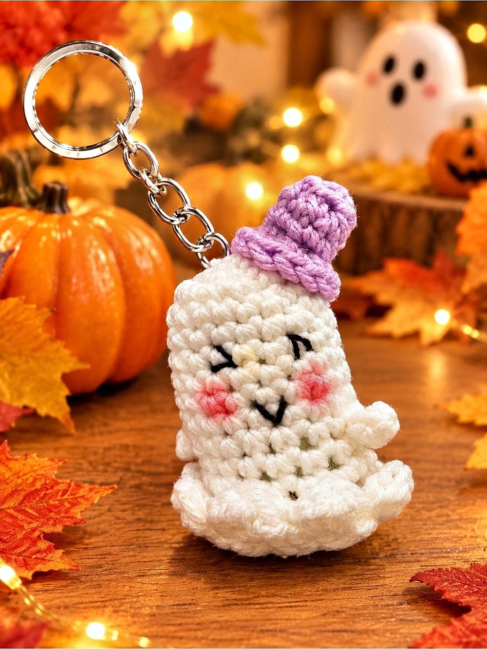 Crocheted Ghost Keychain in White & Purple
